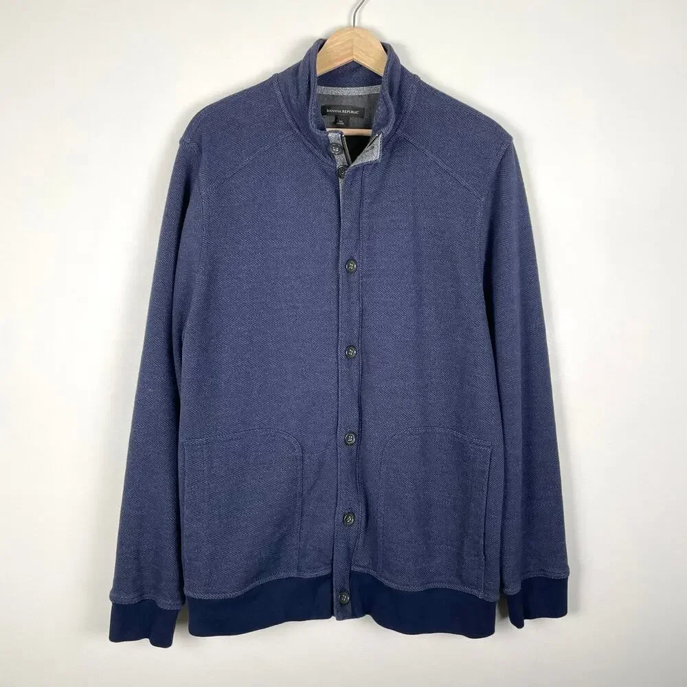 Banana Republic Sweater Jacket Mens XL Navy Blue Funnel Neck Zip Up Sweatshirt